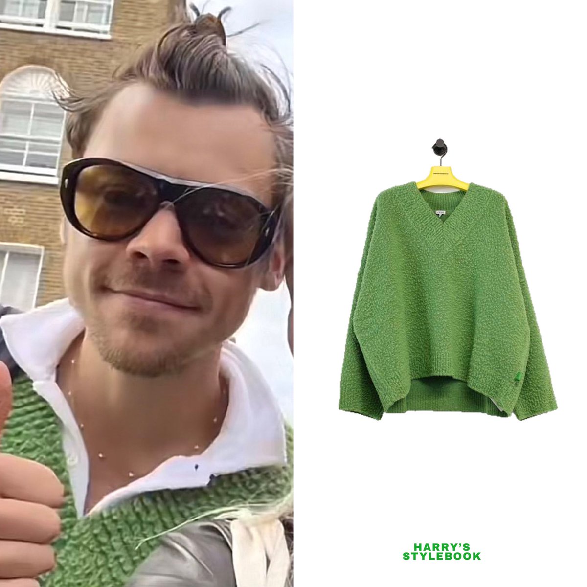 October 4, 2023
HARRY OUT IN LONDON

@LoeweOfficial ‘Wool V-Neck Textured’ sweater in the colour ‘green aloe’ ($1,950)

Worn with 
#JacquesMarieMage ‘Grand Prix’ round-frame tortoiseshell acetate sunglasses ($820)

_
📸: byrotation