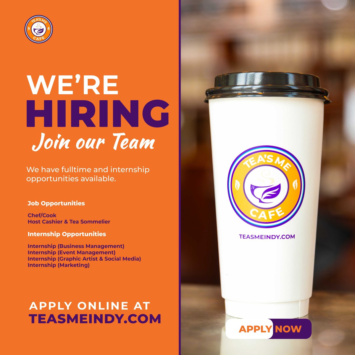 TeasMeIndy's tweet photo. 📣We’re Hiring! Join Our Team!
We have full-time and internship opportunities available.
Visit us online to apply! >>>>>https://t.co/OVtZ8RJcQ9
#nowhiring #teasmecafe #teatim https://t.co/pCqNyvbIvV