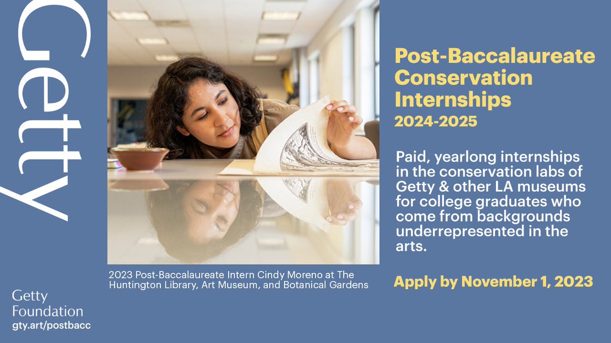 Apply now for Getty’s Post-Baccalaureate Conservation Internships! gty.art/postbacc

These internships aim to diversify the conservation field by increasing the number of students from underrepresented backgrounds enrolled in graduate degree programs related to museum
