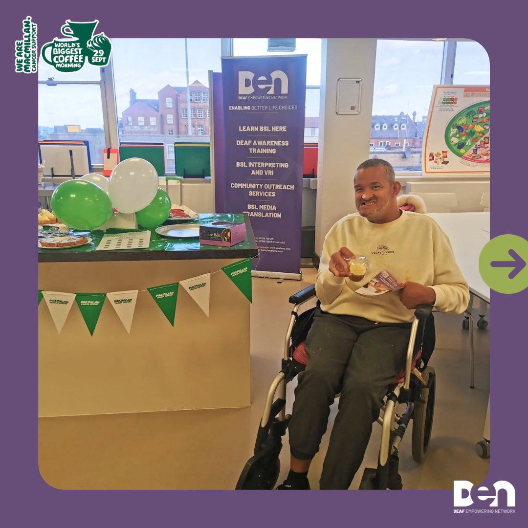 DeafEmpNet's tweet image. Grateful for all who joined our @macmillancancer Coffee Morning at DEN! 💚 Thanks, Middlesbrough Council Sensory Team for the space. 🙌 Huge shoutout to Michelle for the yummy cakes! 🍰 Missed it? No worries, stay tuned for next year's coffee extravaganza! ☕️ #DEN #CoffeeMorning