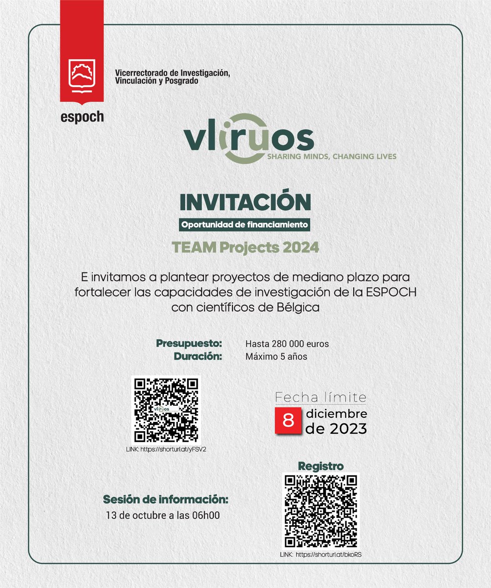 VIPEspoch's tweet photo. 📢Los invitams a revisar la convocatoria a proyectos TEAM 2024, presentada por @VLIRUOS , con el objetivo de fomentar la colaboración académica y científica enfocada en desafíos de desarrollo sostenible 🌳👩‍🔬👨‍🔬. https://t.co/8Qq9XWjrTm
