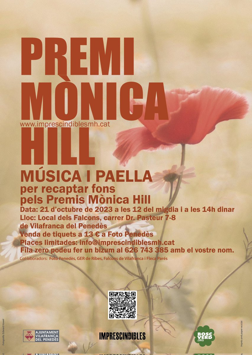 Dissabte 21 d'octubre, paella i música per recaptar fons #PremisMònicaHill, a les 12  vermut + música i a les 2 dinar, local #falconsdevilafranca.
Tiquets per 13 € a #fotopenedès de Vilafranca.
Tb pots col•laborar, fila zero, bizum 626-743-385.
Tb hi ha paella vegetariana.
