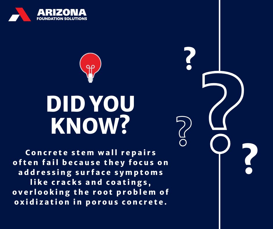 AZFoundationFix's tweet photo. Did you know that most concrete stem wall repairs fail because they only treat surface symptoms like cracks and coatings?
#ultimatesolution #Arizona #Concreterepair #stemwallrepair #LongLastingResults

☎ Give us a call at 602-470-1311 
https://t.co/r3XtMimuSL https://t.co/4y94DoEtBt