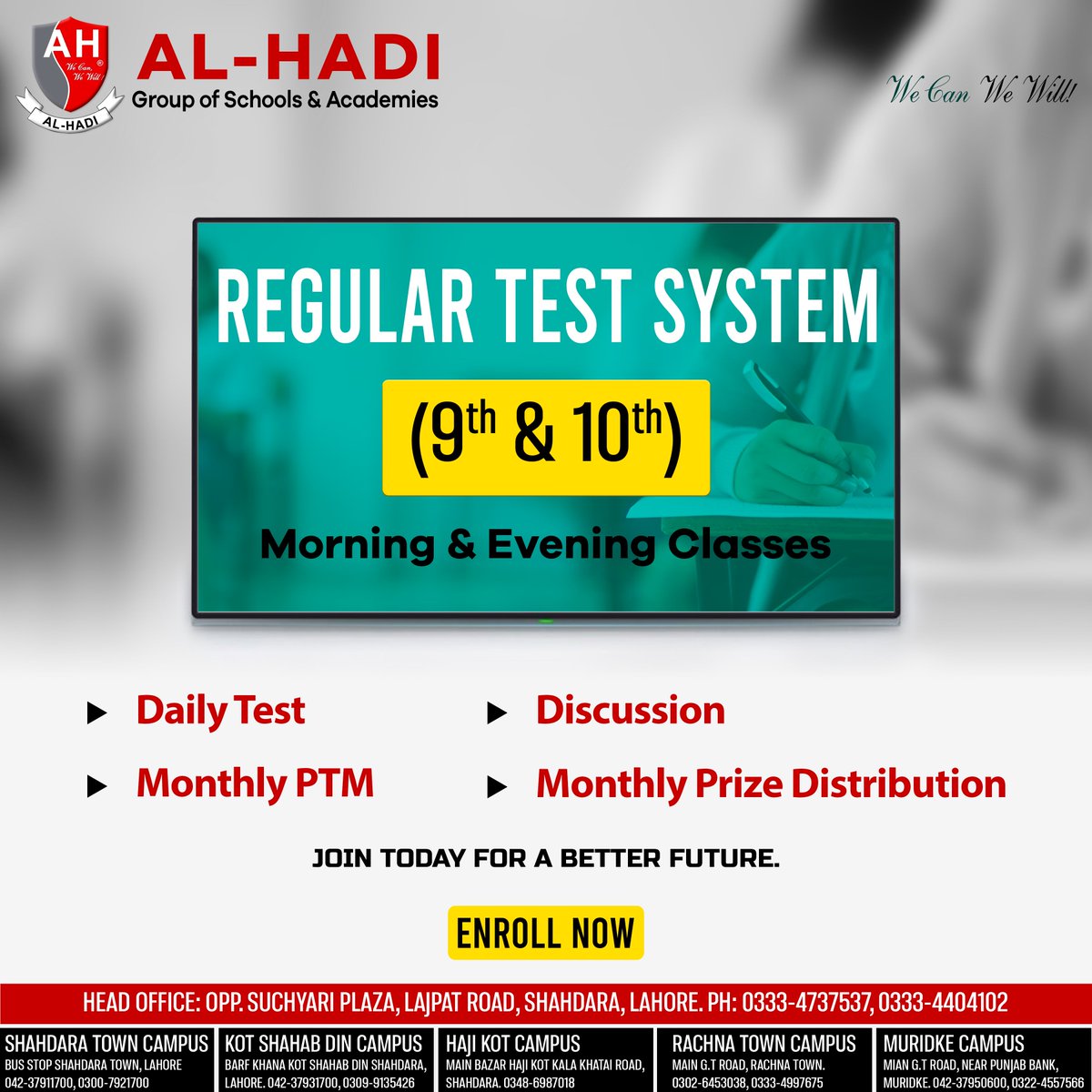 alhadiheadofice's tweet image. Regular Test System (9th &amp;amp; 10th)
Morning and Evening Classes
Test System and Revision
ALHAMDULILLAH (High Achievers)
Al-Hadi group of schools &amp;amp; academies
instagram.com/alhadiheadoffi…

facebook.com/alhadiheadoffi…
#alhadi #fsc #fscresult2023 #lahoreboardresult2023