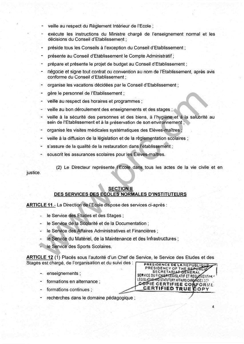 Décret portant organisation et fonctionnement des Ecoles Normales d’Instituteurs.
#PaulBiya
#Cameroun 
1/4