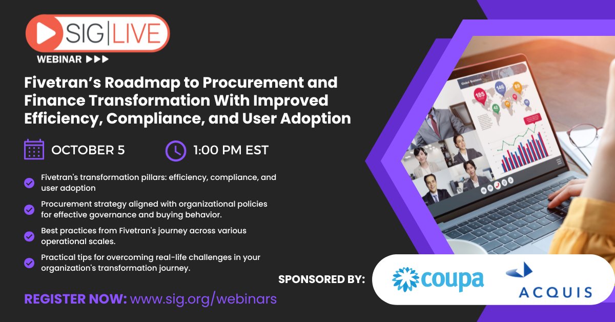 SIGinsights's tweet photo. Ready to revolutionize your procurement game? Don't miss our upcoming webinar with Fivetran! They'll unveil strategies for a game-changing procurement and finance transformation with Coupa and Acquis Consulting.

Save your seat: https://t.co/VD75BvgEMt https://t.co/Ig4h68P0Ky