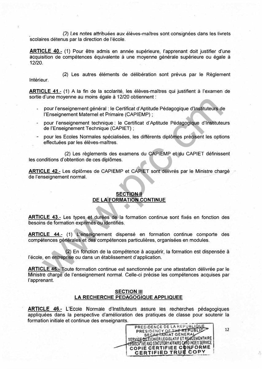 Décret portant organisation et fonctionnement des Ecoles Normales d’Instituteurs.
#PaulBiya
#Cameroun
3/4