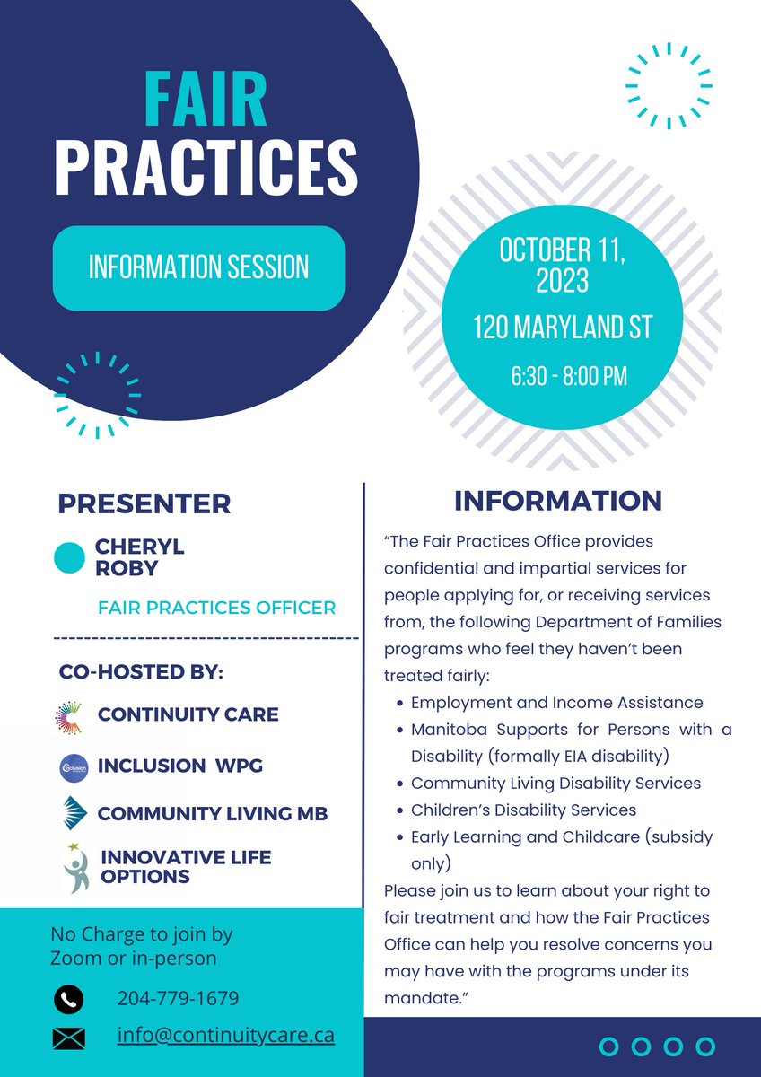 Fair Practices Information Session.
Join us to learn about your rights to fair treatment and how the Fair Practices Office can help you.

Date:  October 11, 2023
Time:  6:30 - 8:00 pm
RSVP: By noon on October 10, 2023
To register: (204) 779-1679 or email:  info@continuitycare.ca