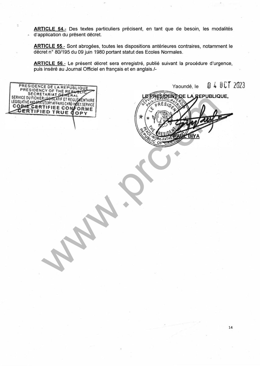 Décret portant organisation et fonctionnement des Ecoles Normales d’Instituteurs.
#PaulBiya
#Cameroun
4/4