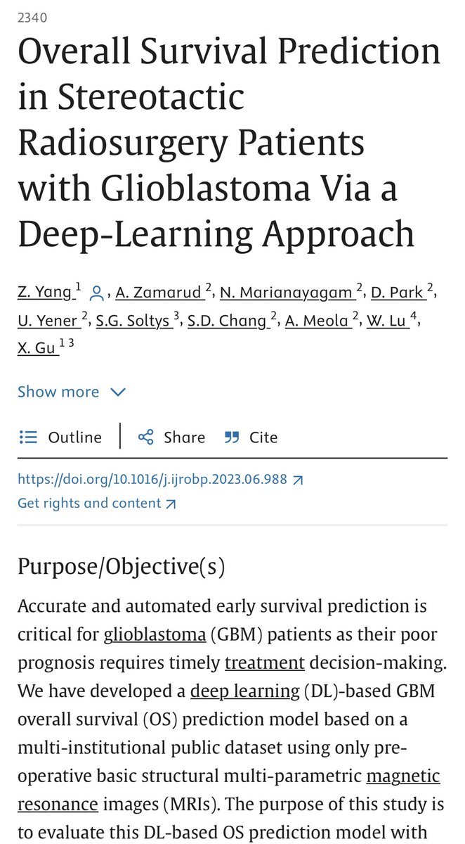 Thrilled to have our article studying “The Overall Survival Prediction in Stereotactic Radiosurgery Patients with Glioblastoma via a Deep-Learning Approach” published in the @IJROBP 
Absolutely loved collaborating with the Rad-Onc department at Stanford. 
الحمد لله 
#Match2024