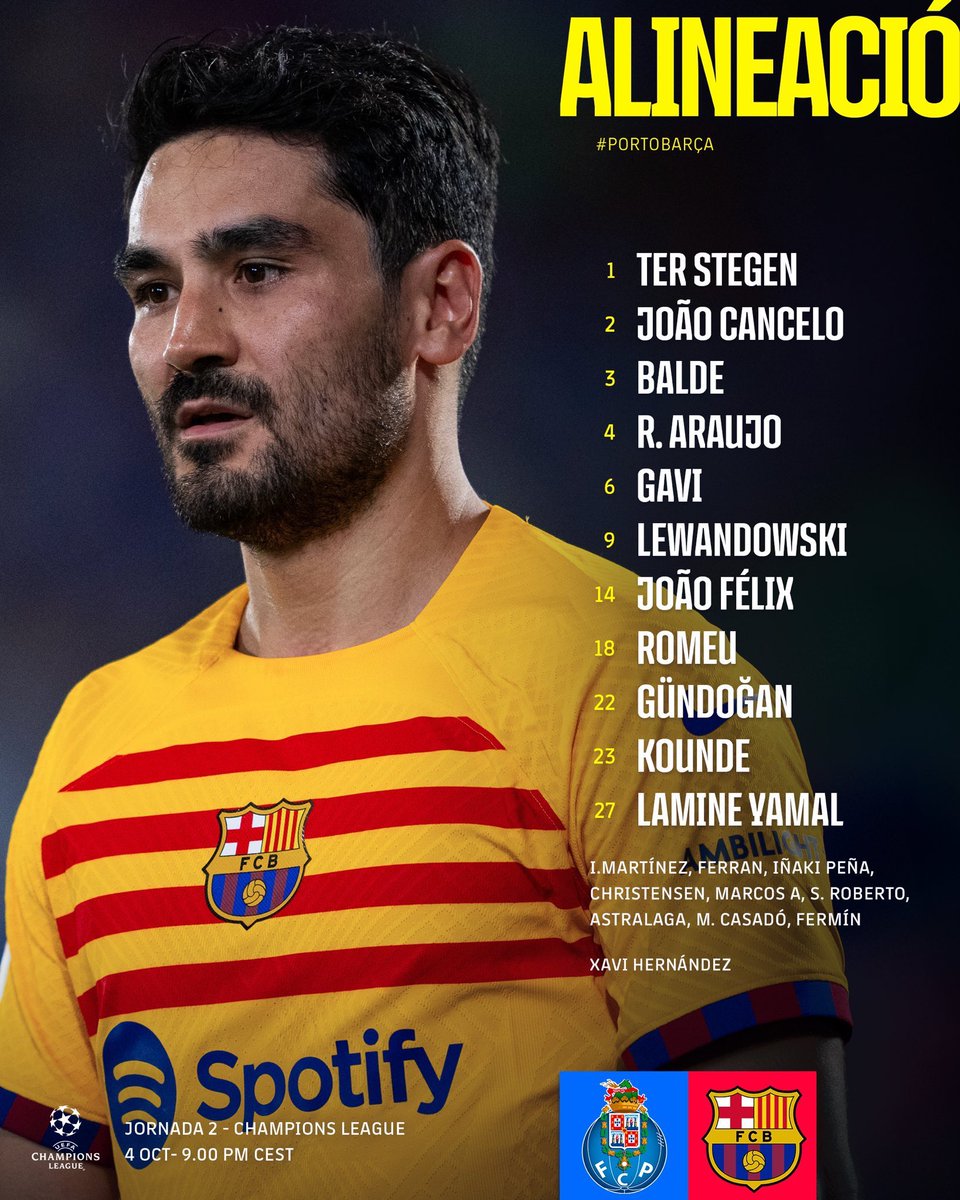 Lamine Yamal’s Champions League full debut is here. Oriol Romeu back into the starting XI too. Araujo takes Christensen’s spot. With De Jong and Pedri injured, this is the closest we migh get to Xavi’s preferred XI imo.