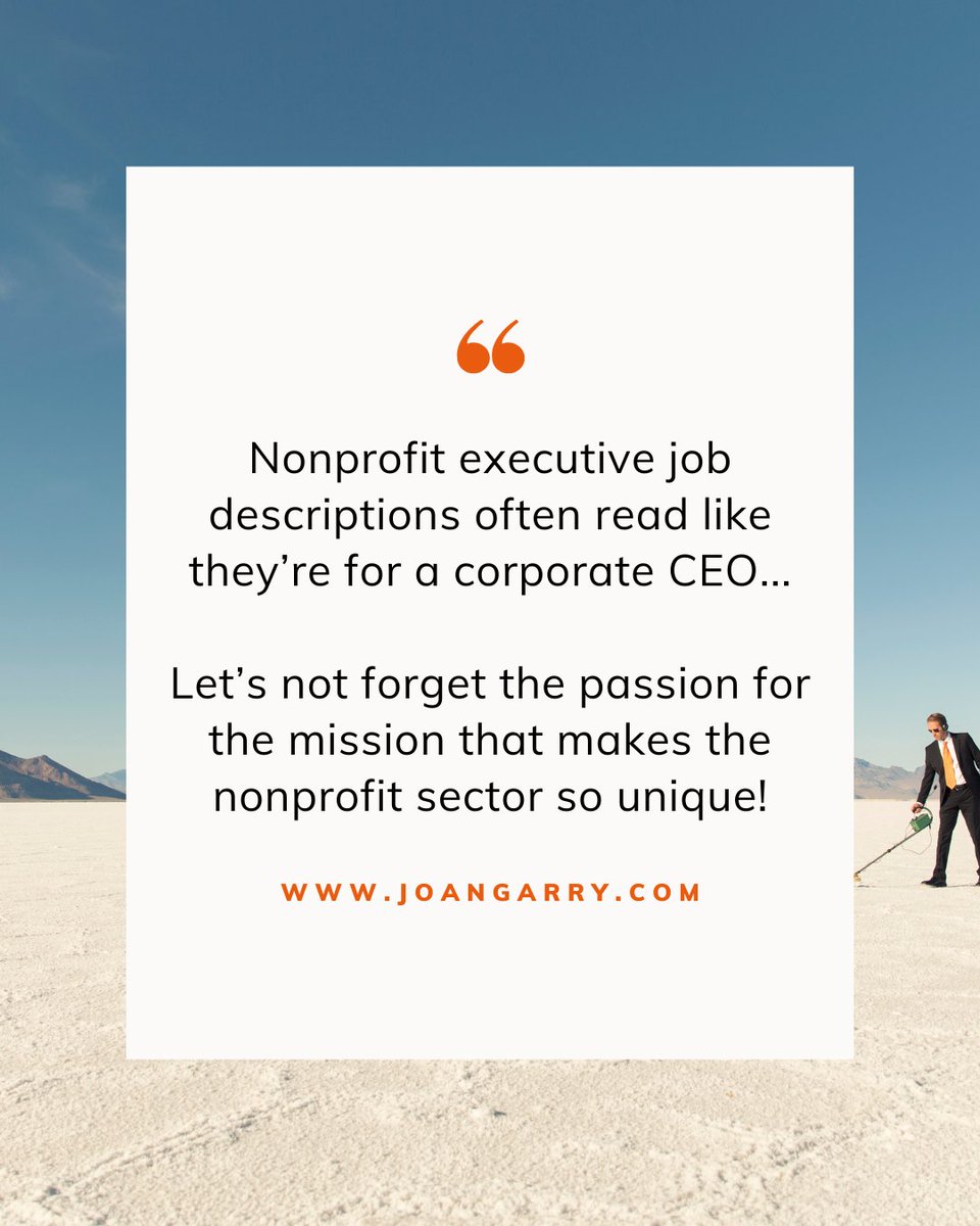 And that's not the ONLY difference between nonprofit and corporate CEO jobs...

Download my free nonprofit CEO/E.D. job description template before you start your next search: joangarry.com/executive-dire… 

#NonprofitPassion #ExecutiveDirector