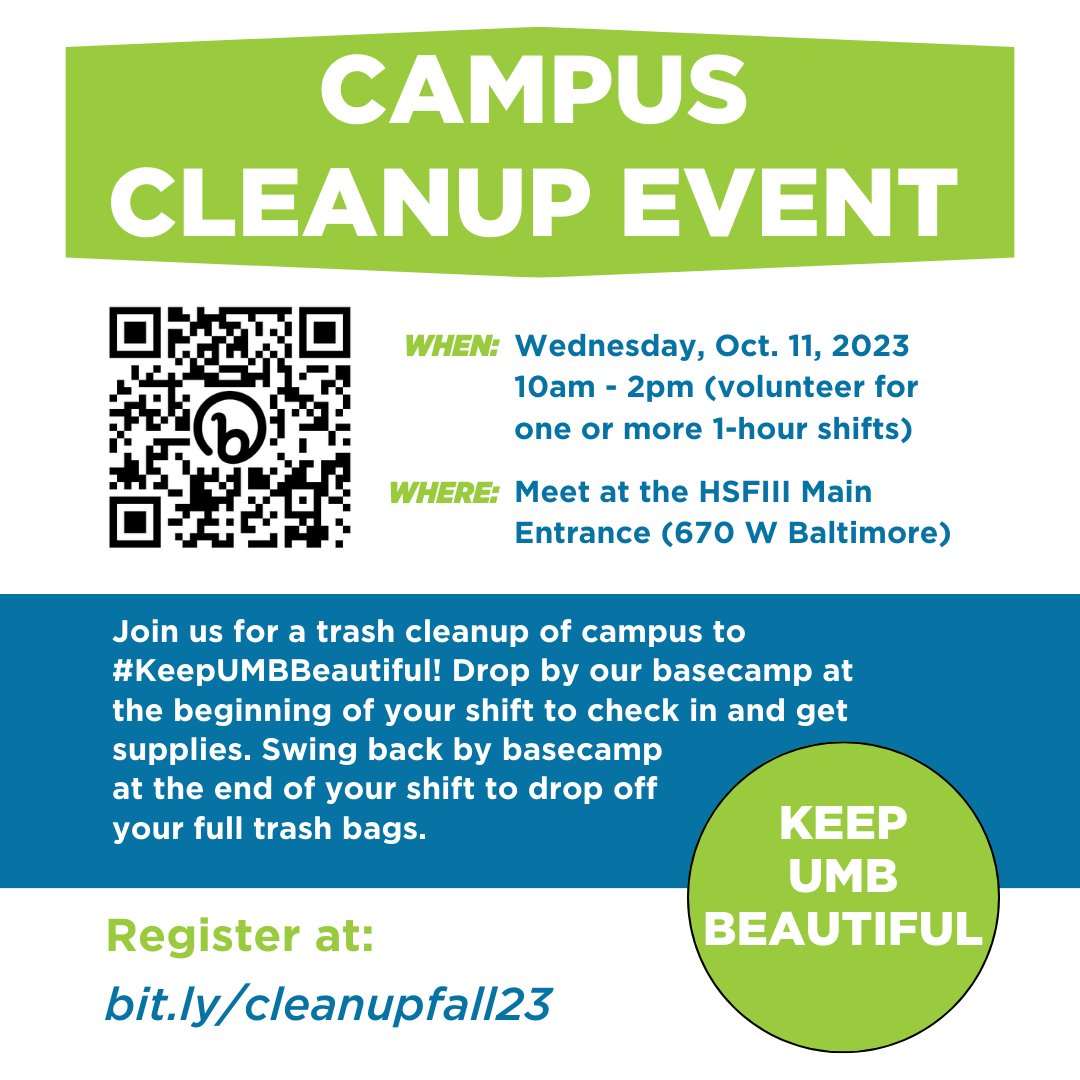 UMB Staff Senate (@umstaffsenate) on Twitter photo Please join us and <a href="/SustainableUMB/">UMB Sustainability</a> for a Campus Cleanup Event on Wed. Oct 11 from 10am-2pm. Register using the link below, and we hope to see you there as we #KeepUMBBeautiful! umaryland.az1.qualtrics.com/jfe/form/SV_cT… Please join us and <a href="/SustainableUMB/">UMB Sustainability</a> for a Campus Cleanup Event on Wed. Oct 11 from 10am-2pm. Register using the link below, and we hope to see you there as we #KeepUMBBeautiful! umaryland.az1.qualtrics.com/jfe/form/SV_cT…