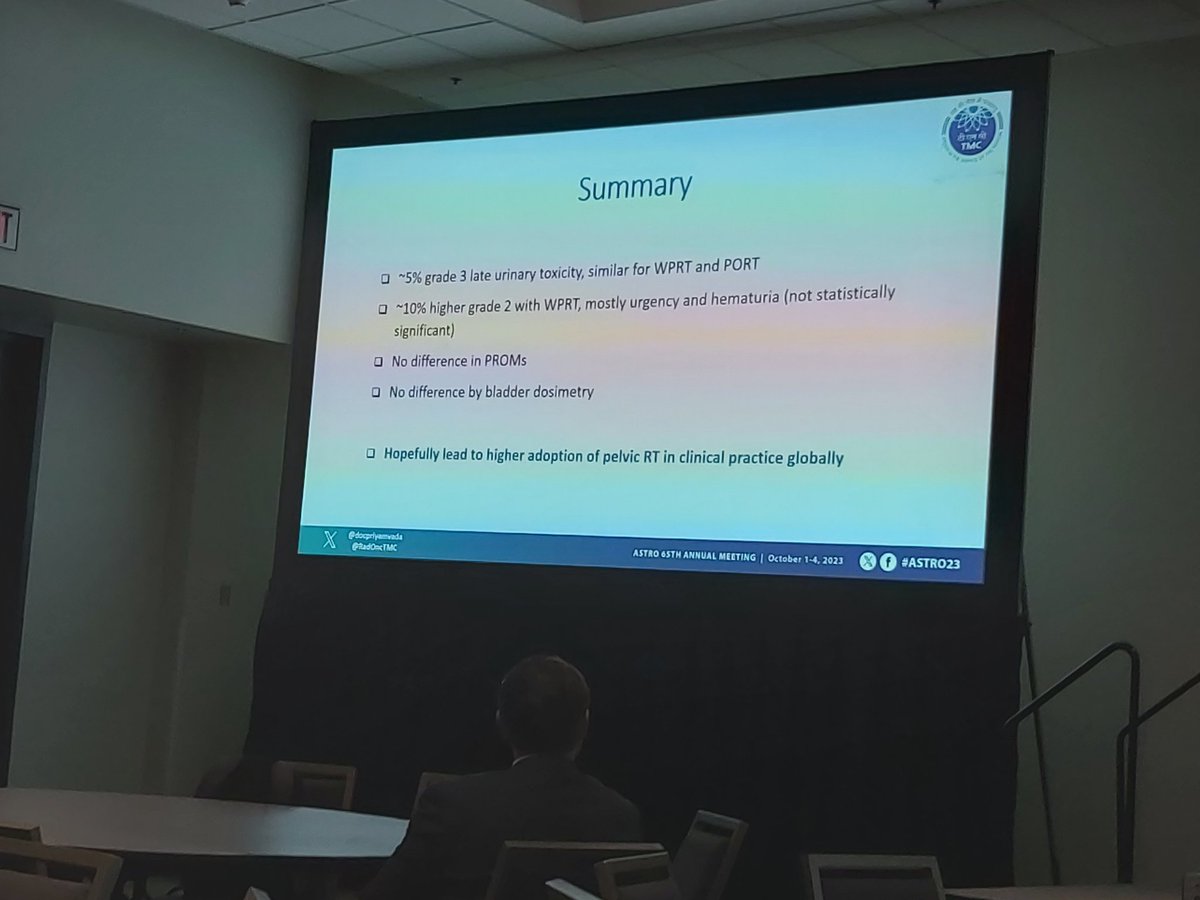 achoud72's tweet photo. @docpriyamvada presents urinary toxicity data from #POPRT 👏🏽👏🏽👏🏽 No significant difference between pelvic nodes and prostate only @VedangMurthy @RadOncTMC @ASTRO_org #ASTRO23 https://t.co/8BmIo4CyZo