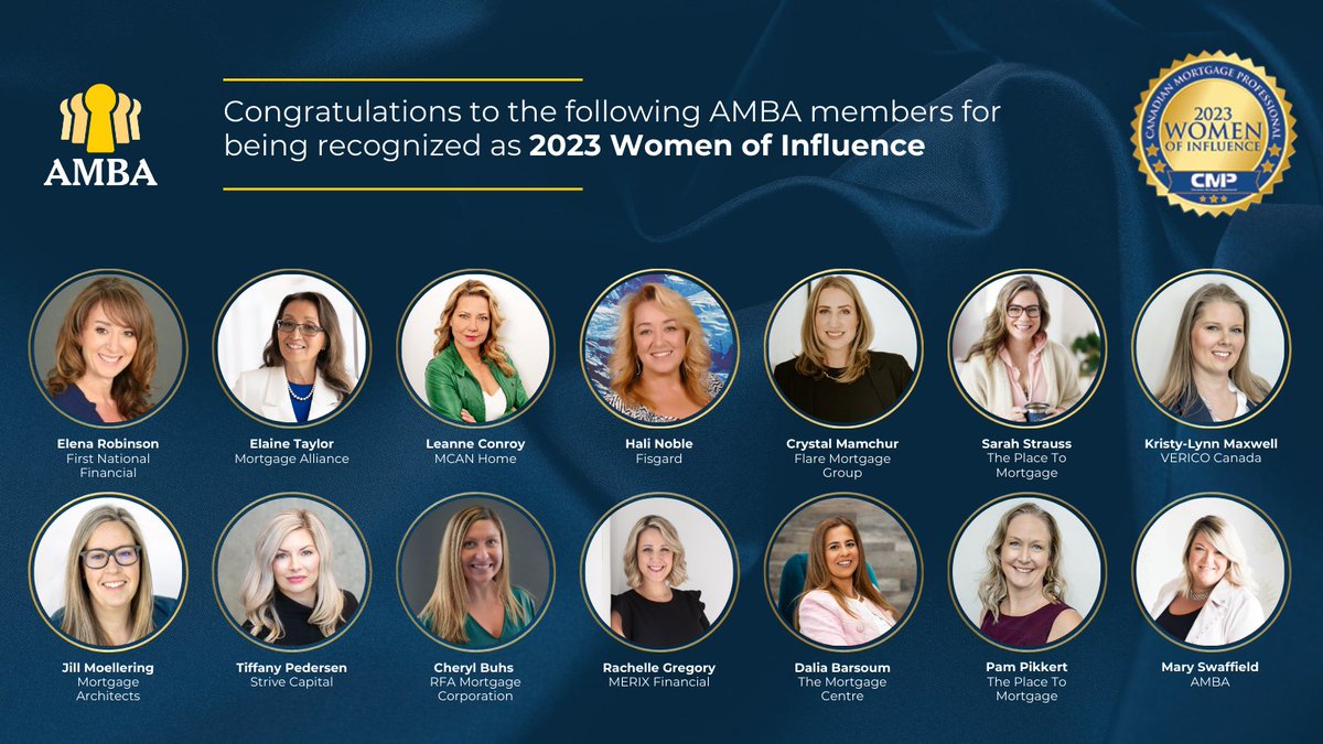 Congratulations to our AMBA members who are 2023 Women of Influence!

Canadian Mortgage Professionals recognizes these women for:
🔑 their extraordinary impact on the industry 
🔑 shaping the future of a dynamic market 
🔑 lighting the path ahead for others

#CMPWomenofInfluence