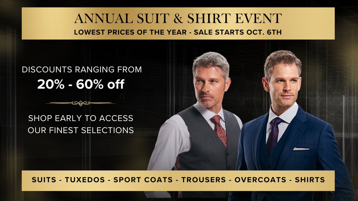 Our Annual Suit & Shirt Event is back, starting October 6th! 🎉 Enjoy jaw-dropping discounts from 20% to 60% off on suits, tuxedos, sport coats, trousers, overcoats, and shirts. Don't miss out – shop early for the best selections! ✨

Book an Appointment:
alandavid.pulse.ly/egj5ei4vol