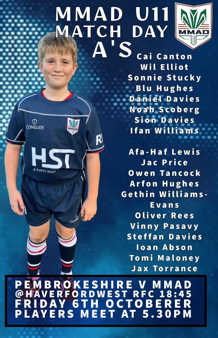 Ein timoedd i 'warae yn erbyn Ysgolion Sir Benfro Dan 11 nos Wener💪 Pob hwyl a mwynhewch! 🏉 Our teams to play v Pembrokeshire Schools Under 11s on Friday. Good luck and enjoy! @Haverfordwestrfc