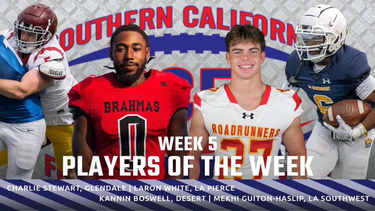 scfafootball's tweet photo. Congrats to the Week 5⃣ SCFA Players of the Week!🏈
Co-Offense: Mekhi Guiton-Haslip, LA Southwest / Kannin Boswell, @COD_Athletics
Defense: Charlie Stewart, @GlendaleCollege
Special Teams: Laron White, @LAPierceCollege
https://t.co/HSOsmQxfTn https://t.co/khJkVhg1DR