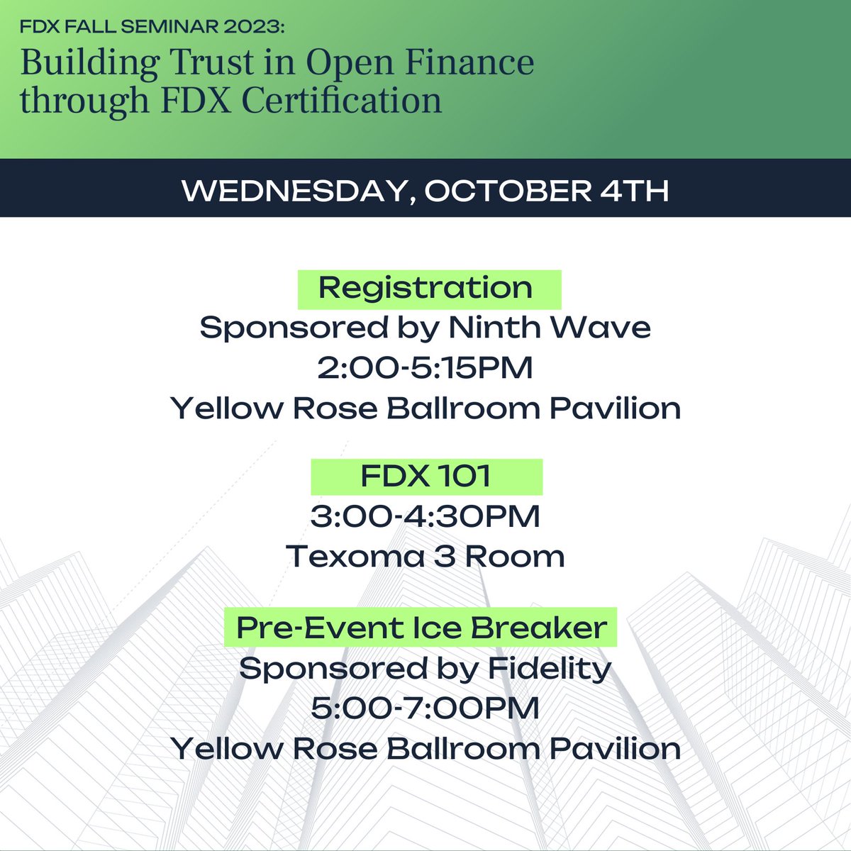 FDXOrg's tweet image. Here&apos;s what&apos;s in store today at #FDXFallSeminar2023! 

Thank you to @wave_ninth for sponsoring registration and @Fidelity for sponsoring the pre-event mixer this evening! Can&apos;t wait to see you all there!

#FDXAPI #OpenBanking #OpenFinance