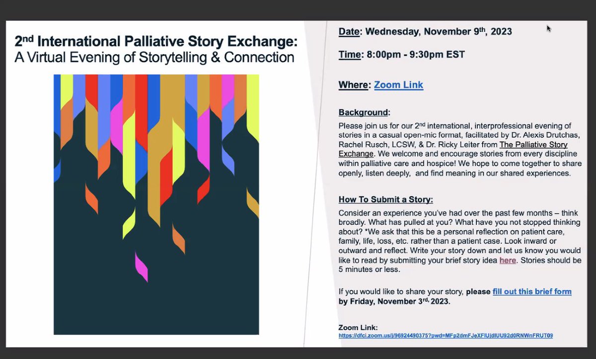 want more of the Palliative Story Exchange? mark your calendar 11/9/2023 8-930PM EST @releiter @AlexisDrutchas @RuschRachel @WorldHospiceDay @WorldHospiceDay #MSKWHPCD #WHPCDay23 #CompassionateCommunities #MSKCME @BillyRosaPhD @MSKCME @MSKCancerCenter #pallcare #HPM