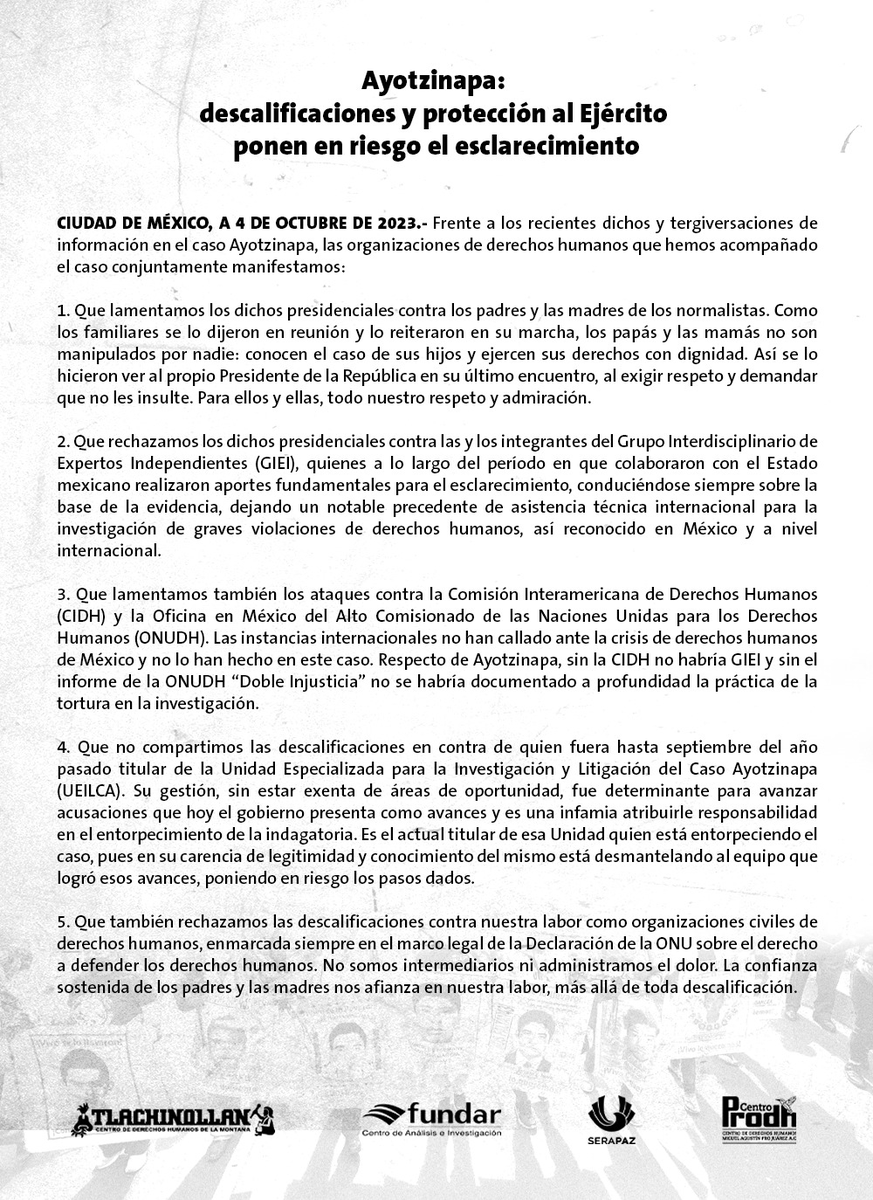 CentroProdh's tweet photo. 🚨 Sobre las recientes descalificaciones presidenciales a familias, expertos, organismos internacionales y organizaciones civiles con relación al caso #Ayotzinapa 

👉https://t.co/We0mjajwX0 https://t.co/VXg6hCCZSM