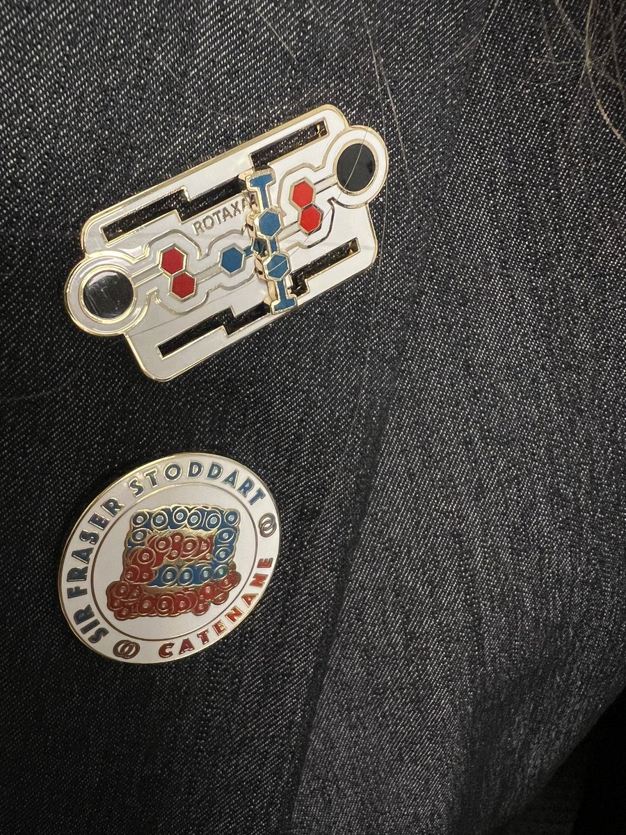 Happy #ChemNobel day! Getting in the spirit for lecture by sporting the limited edition @dorbitalgames pins featuring catenane & rotaxane (w/ movable blue box) in honor of chemfather’s @sirfrasersays 2016 @NobelPrize