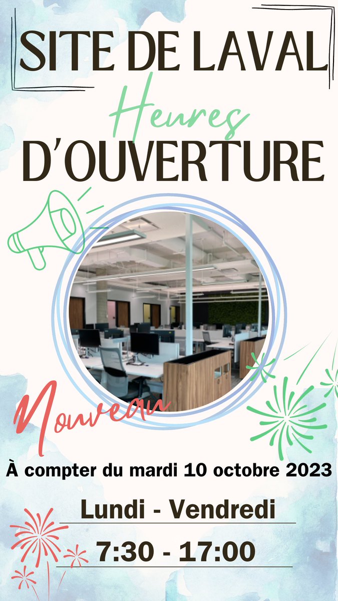 À compter du mardi 10 octobre 2023, le site de cotravail GC de Laval sera ouvert de 7 h 30 à 17 h 00.