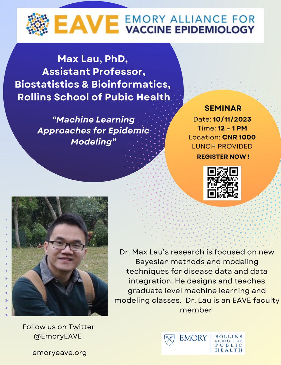 EmoryEAVE (@emoryeave) on Twitter photo Save the Date for the October EAVE lunch seminar
<a href="/EmoryRollins/">Emory Public Health</a> on 10/11 at noon with Max Lau, PhD!
Register here! emoryeave.org/event/eave-oct… Save the Date for the October EAVE lunch seminar
<a href="/EmoryRollins/">Emory Public Health</a> on 10/11 at noon with Max Lau, PhD!
Register here! emoryeave.org/event/eave-oct…