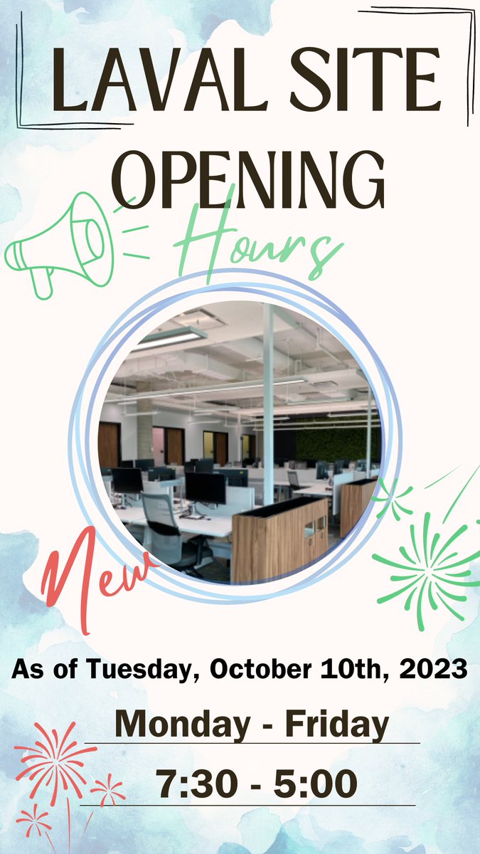 As of Tuesday, October 10th, 2023, the Laval GCcoworking site will now be open from 7:30 a.m. to 5 p.m.