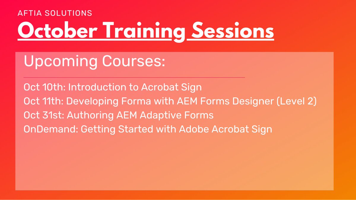Register your team for one of our AEM Forms or Adobe Acrobat Sign courses this month. Enable your team to use these powerful form and document solutions with training from our experts.

Register here: lnkd.in/ddjSYrp