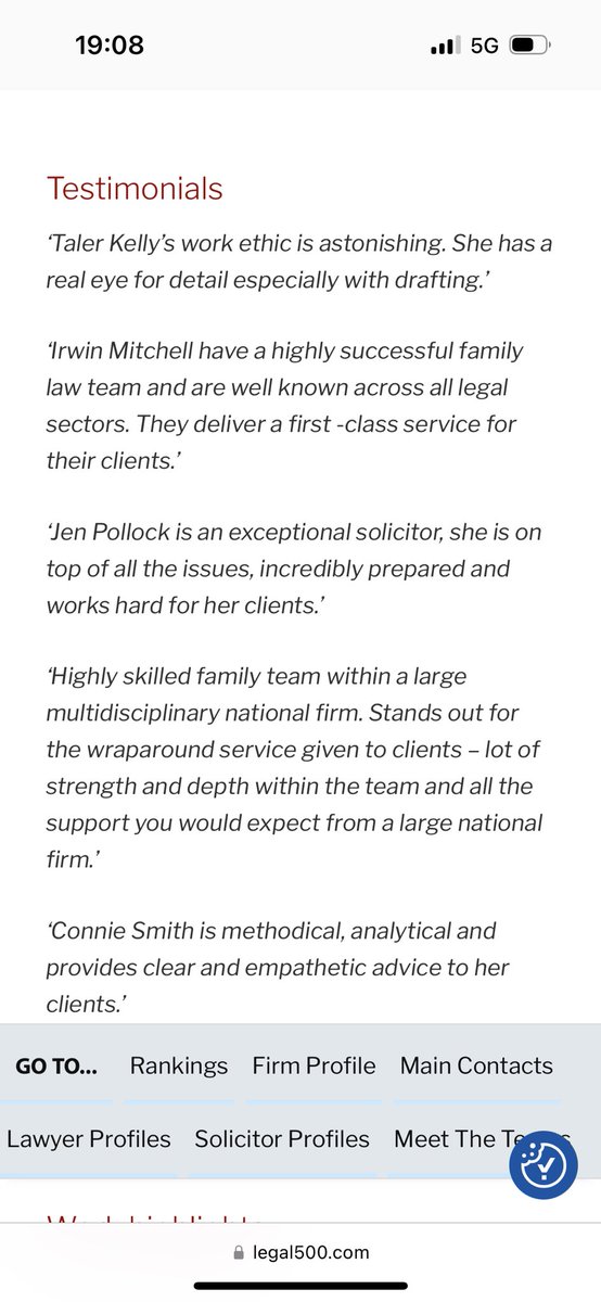 So grateful to get my first <a href="/thelegal500/">The Legal 500</a> 
testimonial! Thankful to work with such a brilliant team of solicitors at <a href="/irwinmitchell/">Irwin Mitchell</a> in our fantastic family law team ranked highly across the country in Bristol, London and beyond! ☺️👏🏻