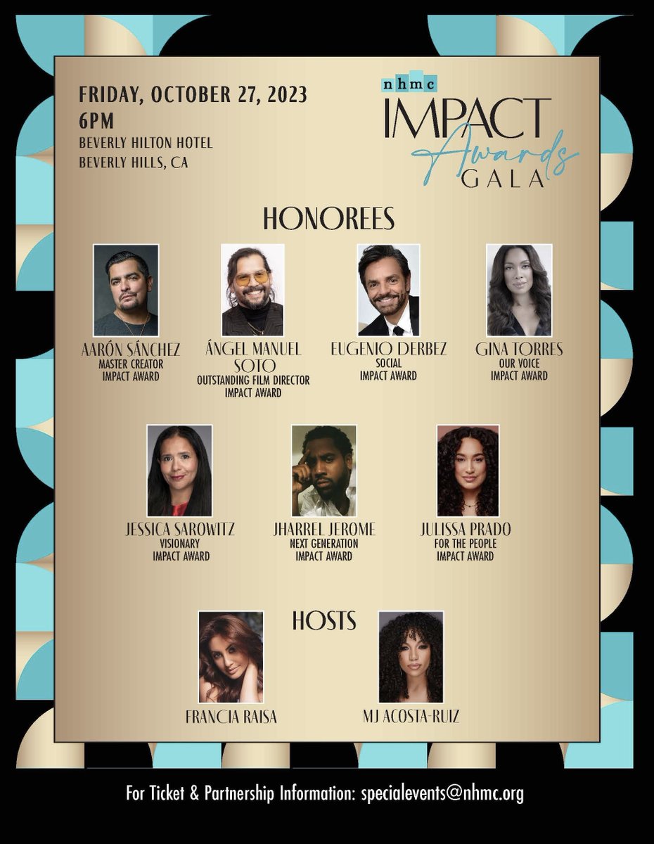 What a lineup. We'll let the talent speak for themselves: <a href="/AaronSanchez/">Aarón Sánchez</a>, <a href="/angelmanuelsoto/">Ángel Manuel Soto</a>, <a href="/EugenioDerbez/">Eugenio Derbez</a>, Francia Raisa, <a href="/ginatorres/">Gina Tatiana Torres Tunjo</a>, Jessica Sarowitz, <a href="/JharrelJerome/">Jharrel Jerome</a>, <a href="/julissa__prado/">Julissa Prado</a>, <a href="/MJAcostaTV/">MJ Acosta-Ruiz</a>. Tickets: nhmcgala.eventbrite.com. #NHMCImpact