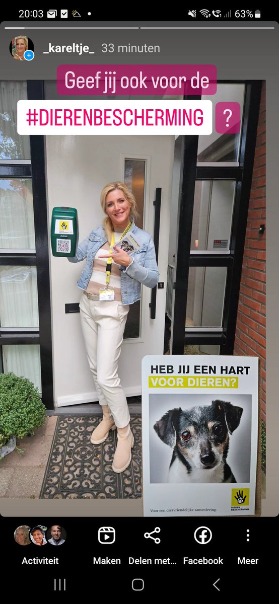 'Dieren kunnen niet voor zichzelf opkomen en hebben onze hulp nodig. Daarom collecteer ik voor de Dierenbescherming. Geef jij ook om dieren? Help mee en doe een bijdrage in mijn collectebus. Klik en doneer: qr3.ideal.nl/c9678d28-2c4b-… Bedankt voor je steun!