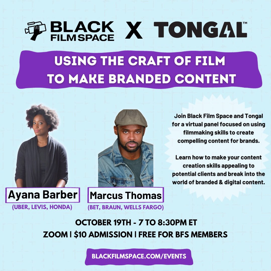 Join Black Film Space and Tongal for a virtual panel focused on using filmmaking skills to create compelling content for brands. RSVP: blackfilmspace.com/events