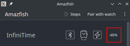 codingfield's tweet photo. #Amazfish, the Linux companion app for the #PineTime #InfiniTime by @adampigg now displays the battery level of the watch thanks to jmlich!

https://t.co/78UJ68OlYB

@thepine64 https://t.co/hcFeneMpWr
