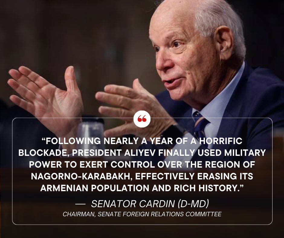 Today, U.S. <a href="/SenatorCardin/">Senator Ben Cardin</a> (D-MD), Chairman of the <a href="/SFRCdems/">Senate Foreign Relations Committee</a>, issued the following statement on the need to support Armenia and reevaluate military assistance and security cooperation with Azerbaijan. 
Read more: 🔗 foreign.senate.gov/press/dem/rele…