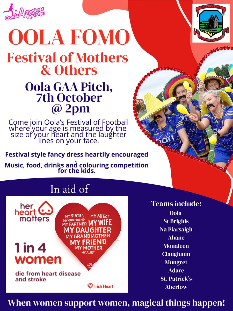 We are inviting all members of our community to pop along to what will be a fun filled day starting at 2 pm, with games beginning at 2.30. 
Coffee dock with hot chocs + home baked goods,
LGFA/GAA style colouring competition+
facepainting for kids, pro photographer, DJ + lots more