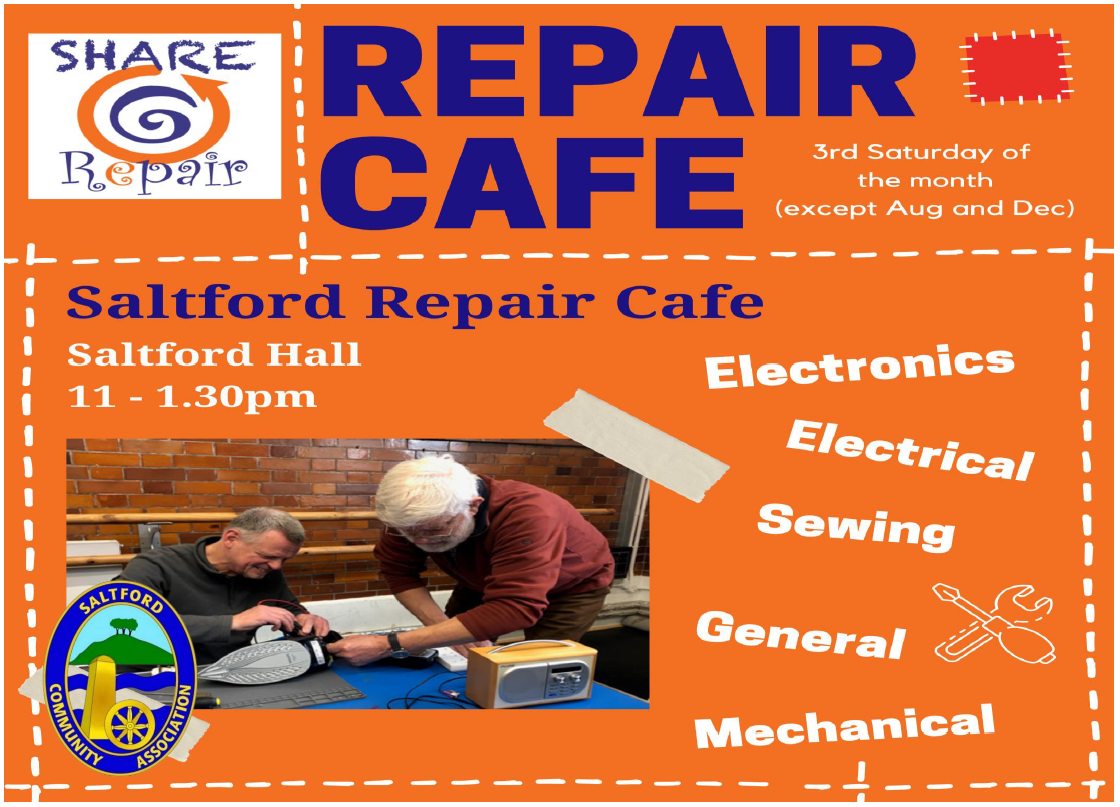 Our next  Repair Café is at Saltford Hall on Saturday 21st October at 11am – 1.30pm to repair your items. We are doing this in conjunction with Share &amp; Repair.
Pop on down with your broken item or come along for our legendary café  for a bacon rolls, home-made cakes &amp; hot drinks.