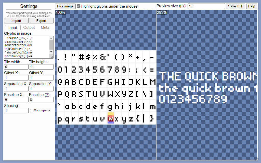 Hidden gem alert! i shared this before but have to again because it's so perfect, a lifesaver even...
Pixel Font Converter
👉 yellowafterlife.itch.io/pixelfont
"This tool lets you import pixel font "tilesets" and generate actual TTF fonts out of them!"
(it's all browser &amp; really simple)