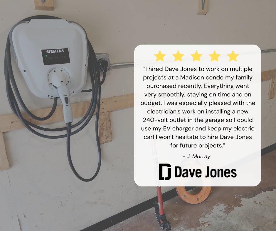 We're grateful for our amazing customers who trust us with their home needs. Our team recently installed an EV charging outlet in a satisfied customer's garage. 
#EVCharging #DaveJones #MadisonWI #YourTrustedServicePartner #Electricians