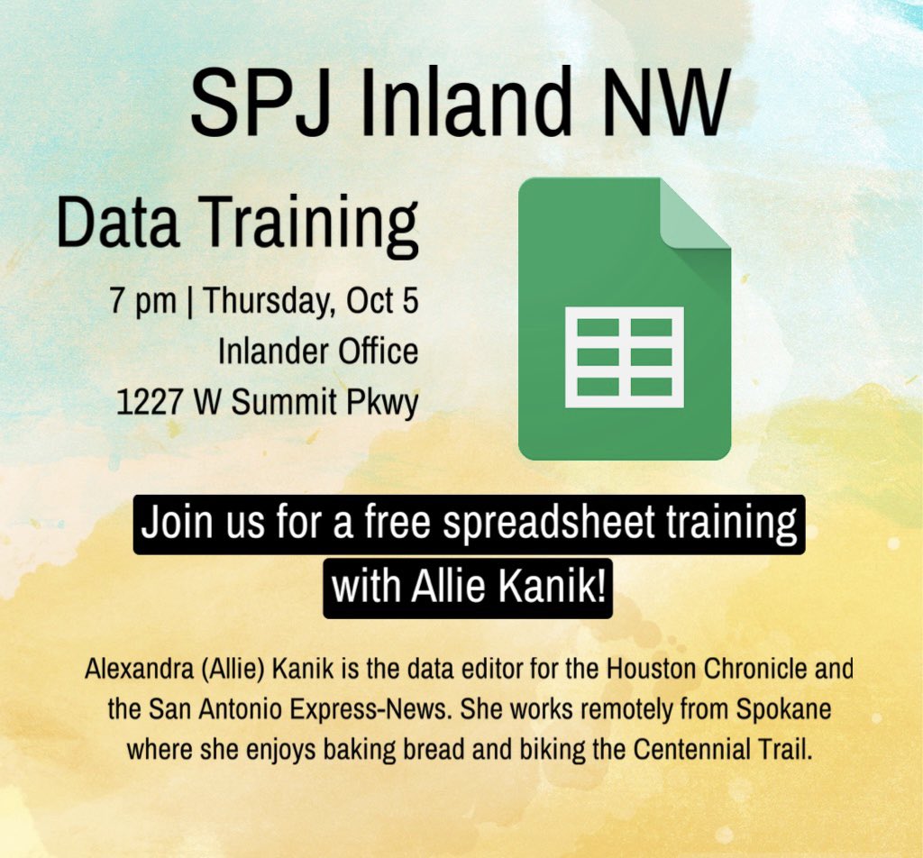 Samantha Wohlfeil (@sawohlfeil) on Twitter photo Inland Northwest journalists: please join us tomorrow for a free spreadsheet training with <a href="/act_rational/">Alexandra Kanik</a> and don’t forget your laptops. We’ll look at ways to work with data in Google sheets and brainstorm ideas for record requests Inland Northwest journalists: please join us tomorrow for a free spreadsheet training with <a href="/act_rational/">Alexandra Kanik</a> and don’t forget your laptops. We’ll look at ways to work with data in Google sheets and brainstorm ideas for record requests