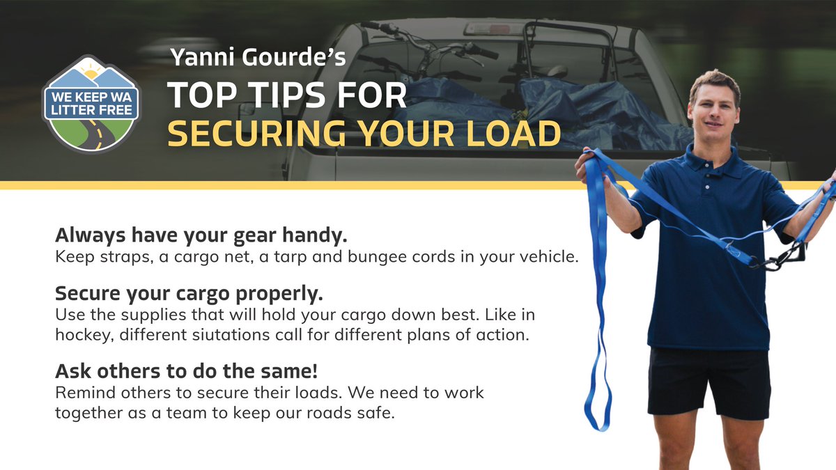EcologyWA's tweet photo. To hockey star Yanni Gourde, achieving a #LitterFreeWA goes beyond picking up trash. It means securing your load to keep fellow drivers safe from loose items that may fly out of your vehicle. Check out his top tips! ⬇️ Visit https://t.co/9MXEAXHzUl for more info. #SecureLoadsWA https://t.co/Ny5ybyQTZS