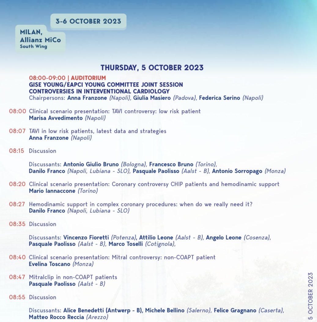 Day 3️⃣ #GISE44

You can’t miss the joint session #GISEyoung &amp; #EAPCI tomorrow at 8 in the auditorium!! 

Topic: Controversies in #TAVI #PCI
#CHIP #MitraClip

Coffee time☕️🥐 together after the session 

⁩