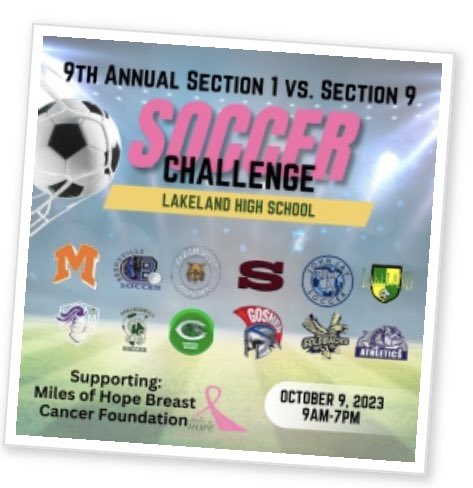 My team will host the 9th Annual @SecOneAthletics v Section 9 Soccer event to “Kick it to Cancer'.  Proceeds go to Miles of Hope Breast Cancer Foundation. Come out and support or consider a donation
tinyurl.com/5n846hcb
🗓 Mon. Oct 9
📍 Lakeland High School @LAKELANDS0CCER