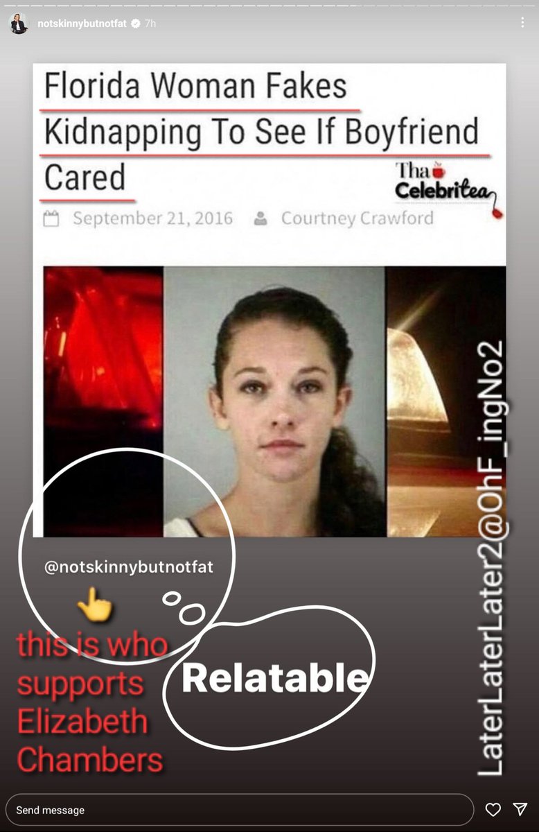 OhF_ingNo2's tweet photo. #notskinnybutnotfat, who supports #LiarandFaker & #colluder #ElizabethChambers, thinks it's RELATABLE for someone to #FAKE their KIDNAPPING to see if bf cared
These are the ppl #BirdBakery #Chambers relies on to feed her #FalseAccusations to a public who wouldn't know any better https://t.co/hQiGxgtpgY