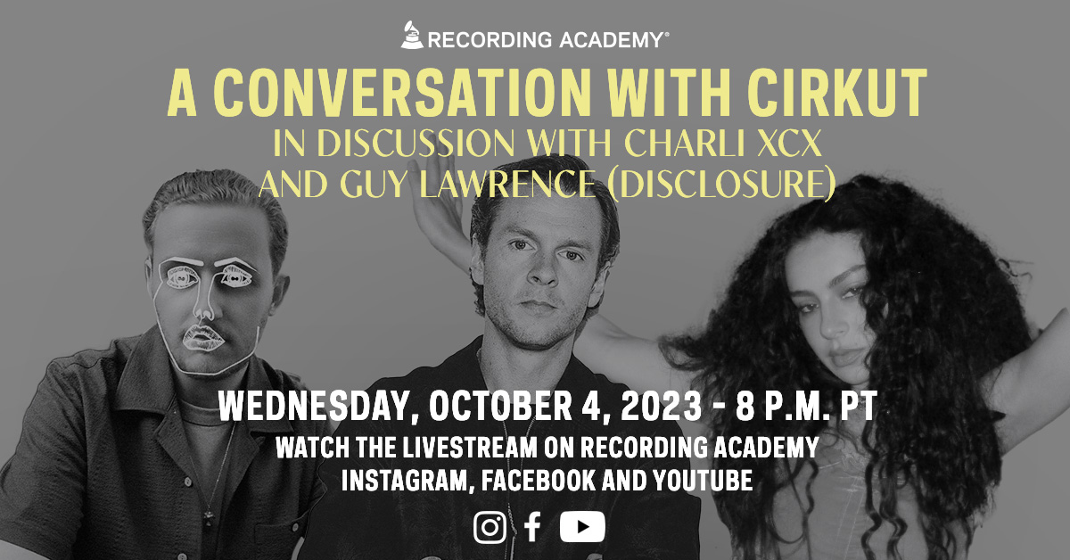 RecordingAcad's tweet photo. ✨ Join us TONIGHT at 8 p.m. PT for a livestream in collaboration with @100mgmt, hosted on Recording Academy's Instagram, Facebook, and YouTube channels.

🎶 @Charli_XCX and Guy Lawrence from @Disclosure are teaming up with @_Cirkut, for a discussion on his incredible journey. https://t.co/cFoz2lyaR6