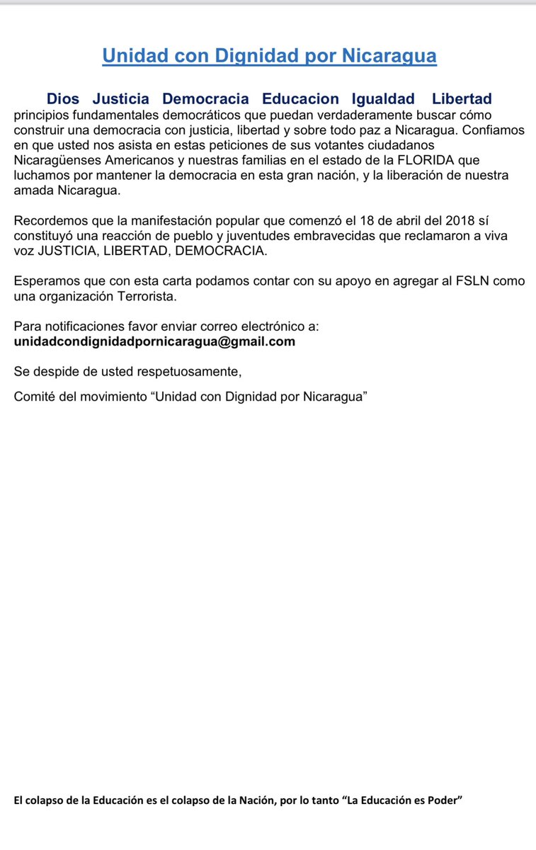 Javhi7910's tweet photo. Estimado congresista Sr. Marco Rubio,
El movimiento de Derecha Antisandinista ‘Unidad con Dignidad por Nicaragua’ Le solicita su apoyo en solicitar al departamento competente a que se ingrese al FSLN como una organización terrorista así como sanciones al ejército y policía Sandinista.

Le deseo hacer de su conocimiento que la falsa oposición anda promoviendo cohabitación, salida suave y hasta elecciones 2026 dónde las condiciones no están dadá en Nicaragua.

Los Nicaragüenses y verdaderos patriotas lo consideramos como una grave ofensa, por lo cual solicitamos su apoyo y le adjuntamos Carta Abierta denunciando al régimen ilegítimo Sandinista por crimines de lesa humanidad y donde el ejército y la policía fue partícipe ver también documento adjunto del Marco de Seguridad del grupo de experto de los derechos humanos.

Seguimos en la lucha!👊🏻
#sinmiedoalaverdad
@MarcoNovoa1991 
@EscritorFrankl1 
@Luisomozadebayl 
@Daredevil 
@Antonio72334115
@patalsuelo 
@domingu79 
@teobaez 
@FerFloderecho @MKnappDade 
@GOP @GOPChairwoman @TexasGOP @HouseGOP @SenMarcoRubio @MarioDB @tedcruz @Polo4Congress @SenateGOP @SenatorMenendez @GOPEspanol
@RepMattGaetz  @RepMariaSalazar @theleoterrell @timburchett @jim_jordan
@R2PCoalition @Ir2Pwg @R2Policy @USAmbOAS @Almagro_OEA2015