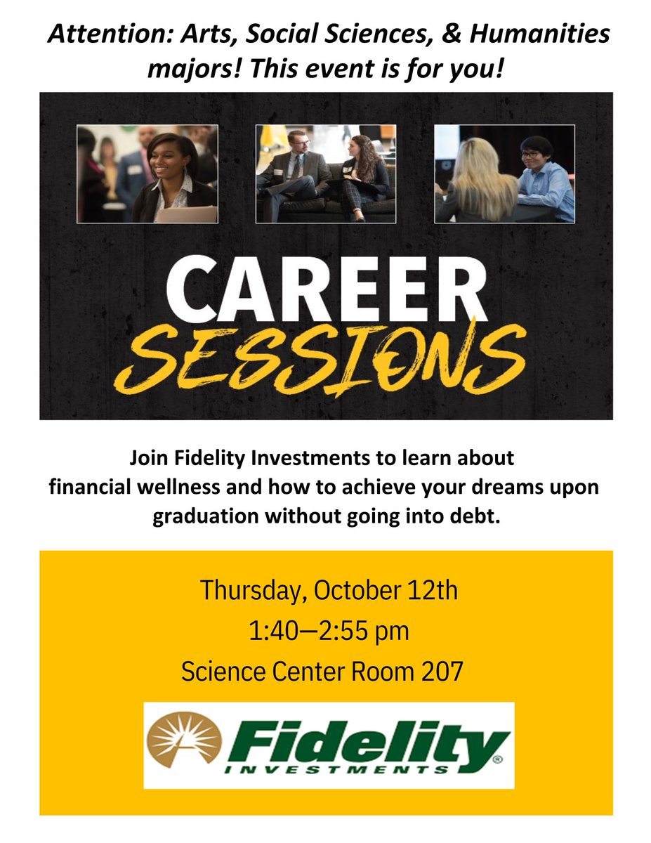 Join Fidelity Investments to learn about financial wellness and how to achieve your dreams upon graduation without going into debt! Located in the Science Center Room 207 from 1:40-2:55 PM on Thursday, October 12th!