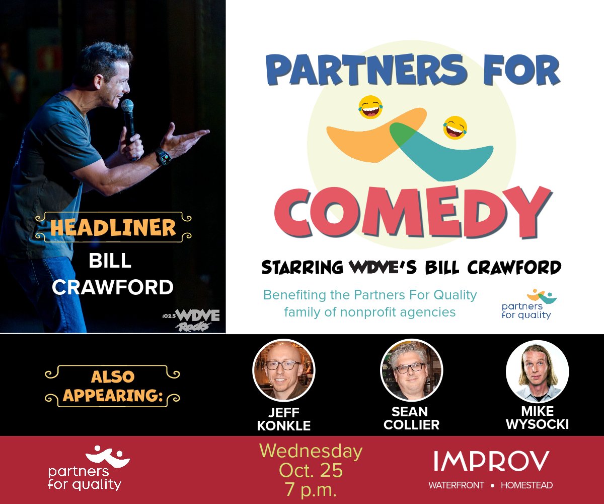 PFQagencies's tweet photo. What a lineup for #PartnersForComedy starring @dveBillCrawford!  An evening of #laughter for a great cause! Get tickets: https://t.co/OwQ2pXb8ib
with Jeff Konkle, @seancollierpgh @ItsMikeWysocki https://t.co/Yyo3QN0iMG