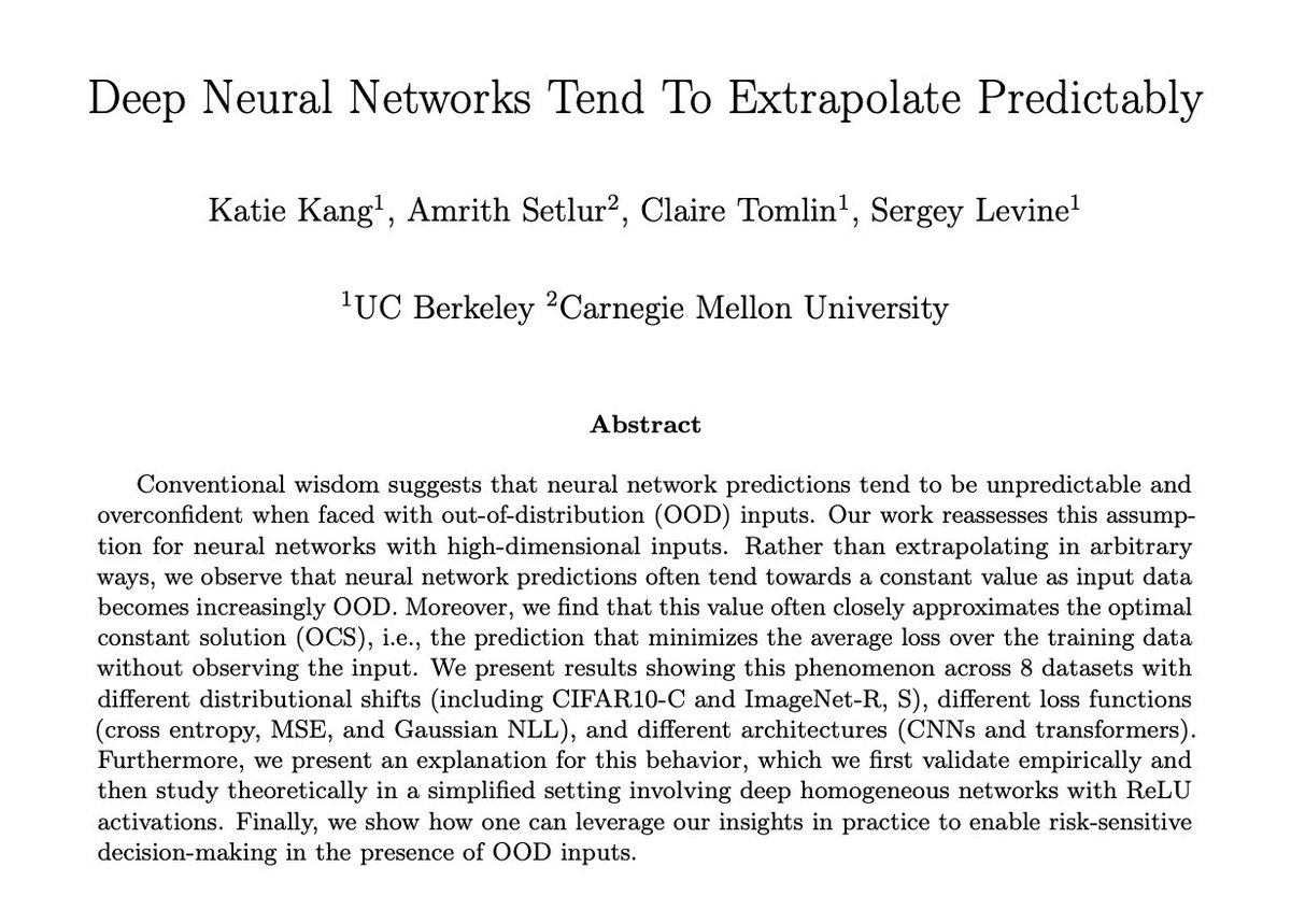 katie_kang_'s tweet photo. New paper!! We found a pattern in how NNs extrapolate: as inputs become more OOD, model outputs tend to go towards some “average”-like prediction.

What is this “average”-like prediction? Why does this happen? Can we leverage this to better handle OOD inputs? (Spoiler: Yes!)

🧵: https://t.co/yWTfPSQMyf